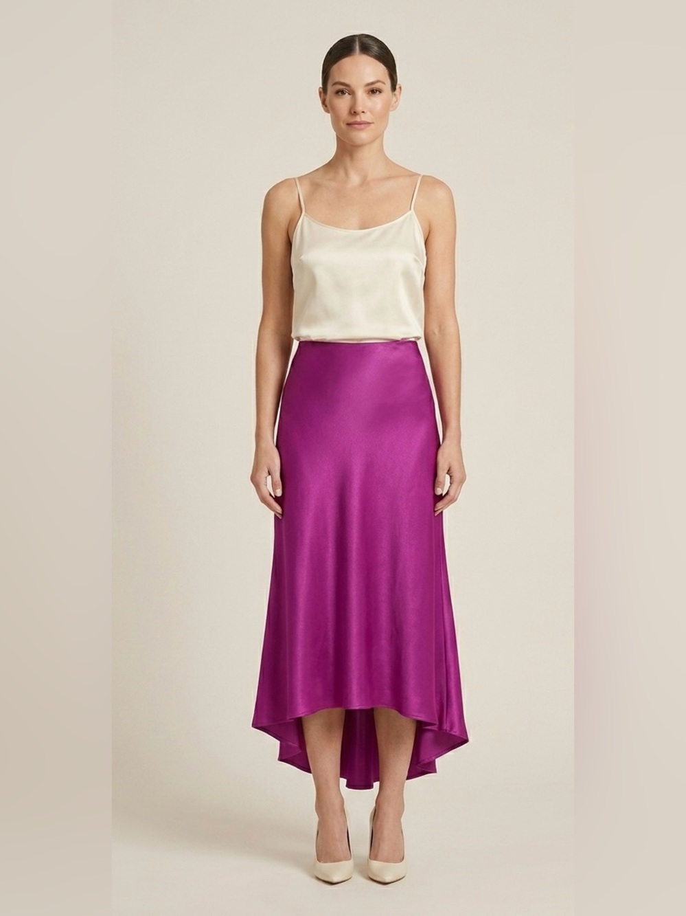 Lilyful High-Low Satin Midi Slip Skirt in Magenta/ purple silk blend Skirt